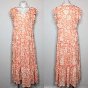 Smith & Quinn peach off white floral short sleeve v neck maxi dress L